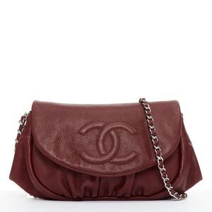 CHANEL Half Moon red grained leather CC quilted flap crossbody WOC bag